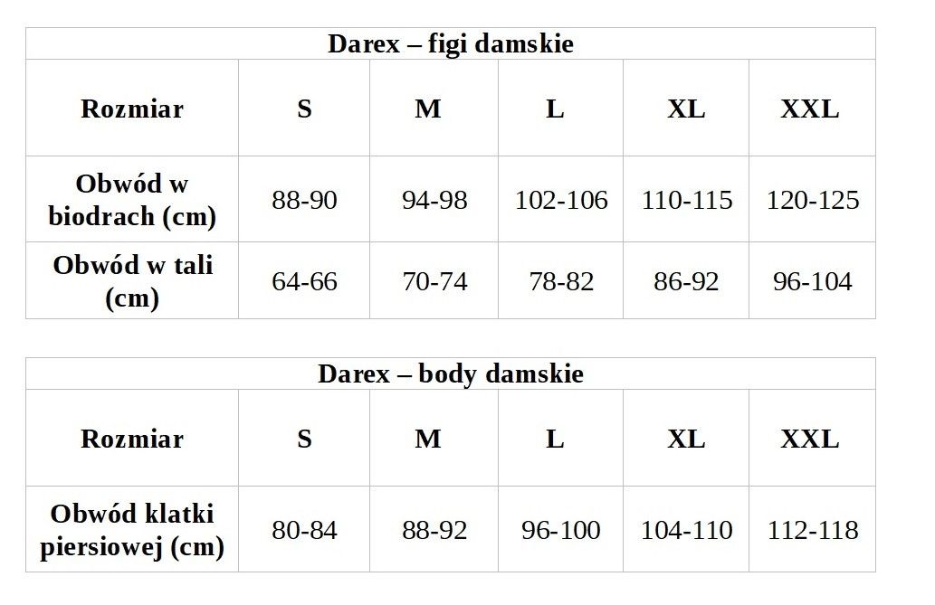 Tabela rozmiarów Darex